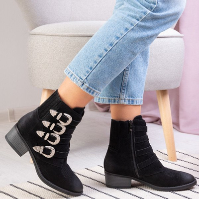 Czarne botki na niskim słupku Grand - Obuwie