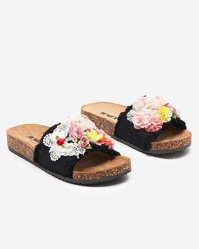 Dámské pantofle s látkovými květy v černé barvě Ososi- Footwear