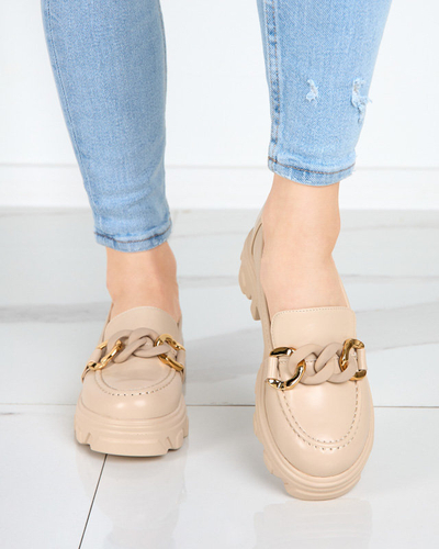 Бежеві жіночі лофери на масивній підошві з декором Simero