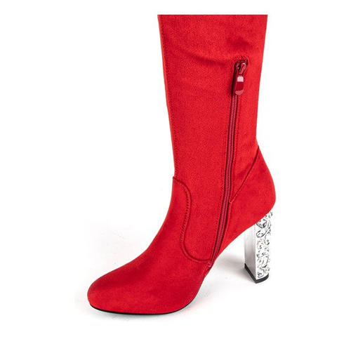 Червоні ботфорти на каблуці з камінням Buenos - Взуття