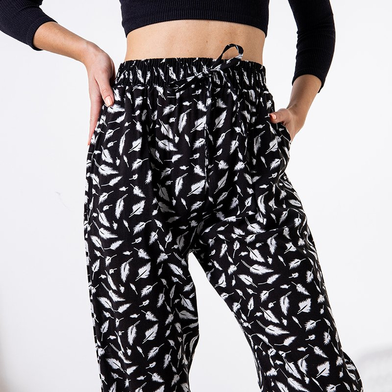 Dámské černé látkové kalhoty s peřím - Oblečení