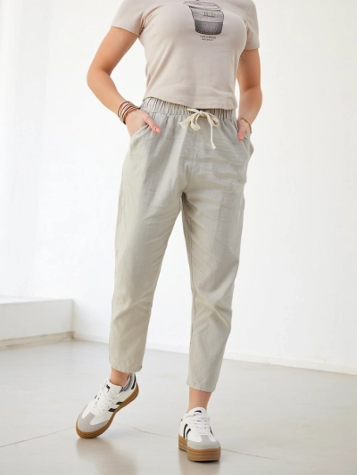 Royalfashion бавовняні прями жіночі штани з зав'язкою на талії