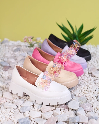 OUTLET Royalfashion Fialové dámské mokasíny s barevnými krystaly Crystal Glam