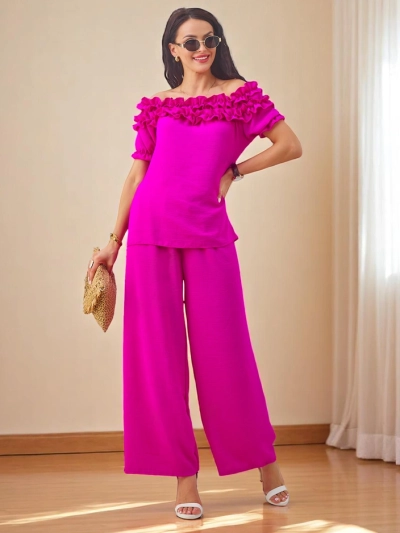 Royalfashion жіночий комплект з блузою без рукавів з короткими рукавами та декоративним вирізом та широкими штанами