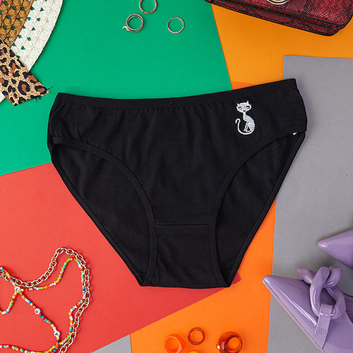 Чорні бавовняні жіночі трусики з вишитим котом - Нижня білизна