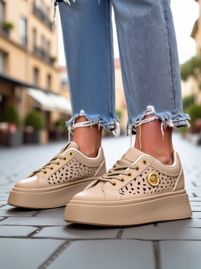 Cleo Ecru Platino – бежеві снікерси на платформі Royalfashion екошкіра