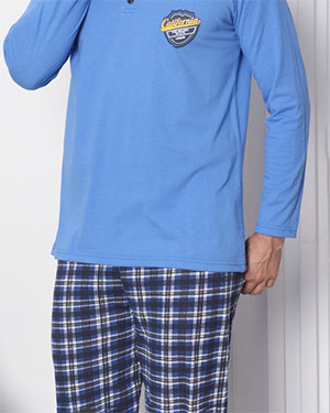 Modré pánské pyžamo s kostkovanými kalhotami - Oblečení