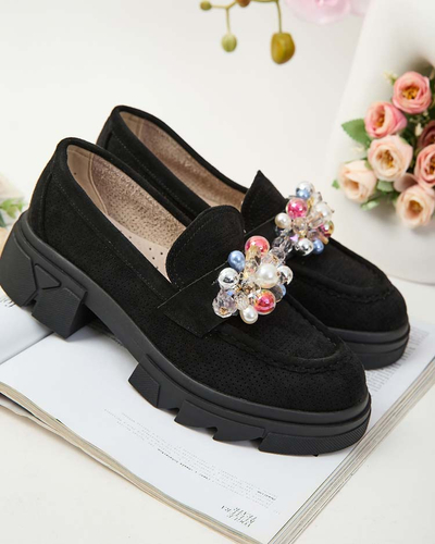 Royalfashion Чорні жіночі мокасини з різнокольоровими кристалами Glam