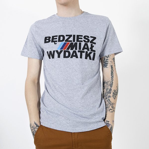 Pánské šedé bavlněné tričko s potiskem - Oblečení