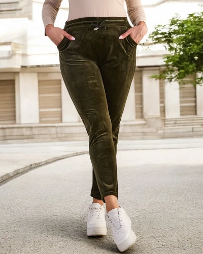 Dámské velurové tepláky v tmavě zelené barvě PLUS SIZE- Oblečení