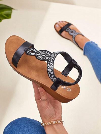 Sandály Klínky Perseida Royalfashion černé z eko-kůže s krystalky 4,5cm
