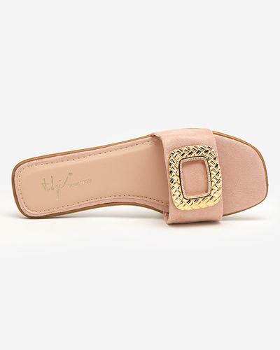 Růžové dámské eko semišové pantofle se zlatou přezkou Lozi - Obuv