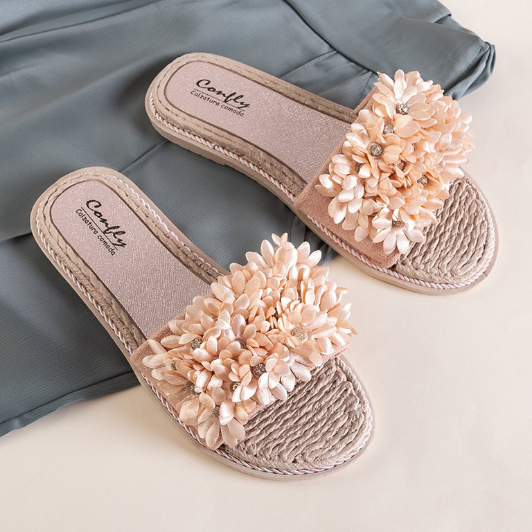 Růžové dámské pantofle s květinami Seiov - Obuv