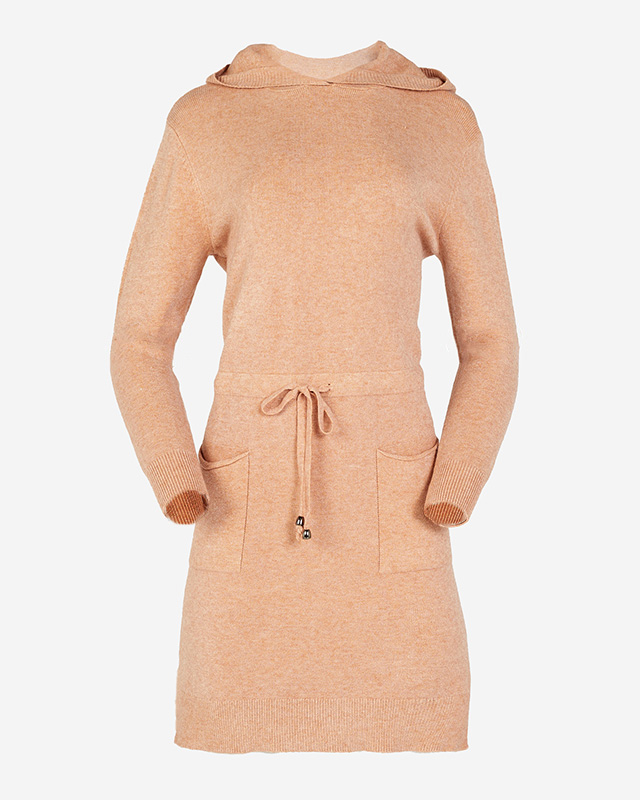 Světle hnědá dámská svetrová tunika s kapucí - Oblečení