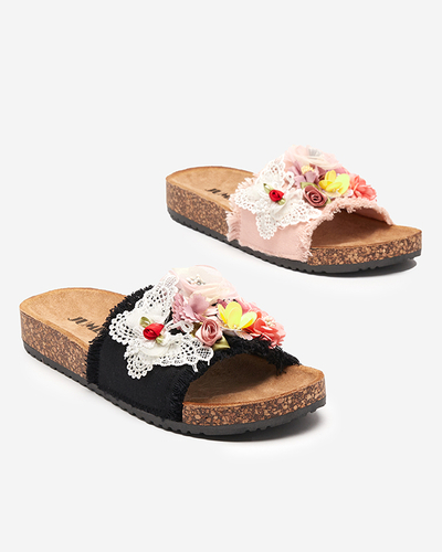 Dámské pantofle s látkovými květy v černé barvě Ososi- Footwear