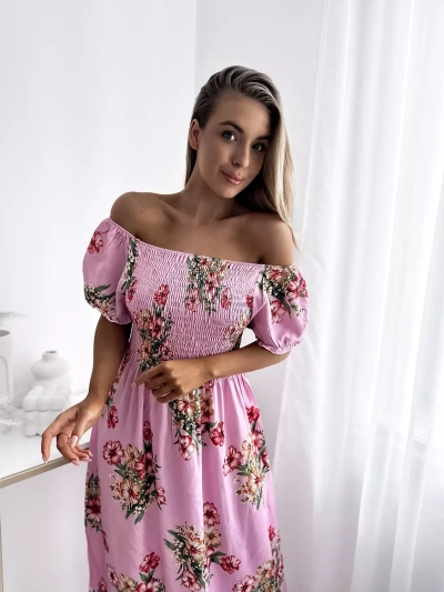 Dámské růžové midi šaty s květinovým vzorem - Oblečení