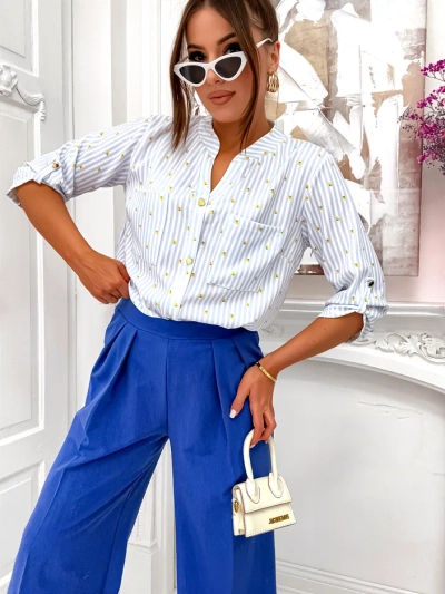 Royalfashion Жіноча смугаста сорочка з лимонами та V-подібним вирізом