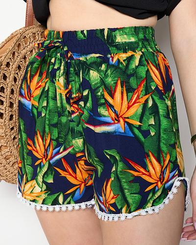 Vzorované tmavě modré a oranžové dámské šortky - Oblečení