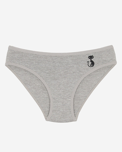 Šedé bavlněné dámské kalhotky s vyšívanou kočkou - Spodní prádlo