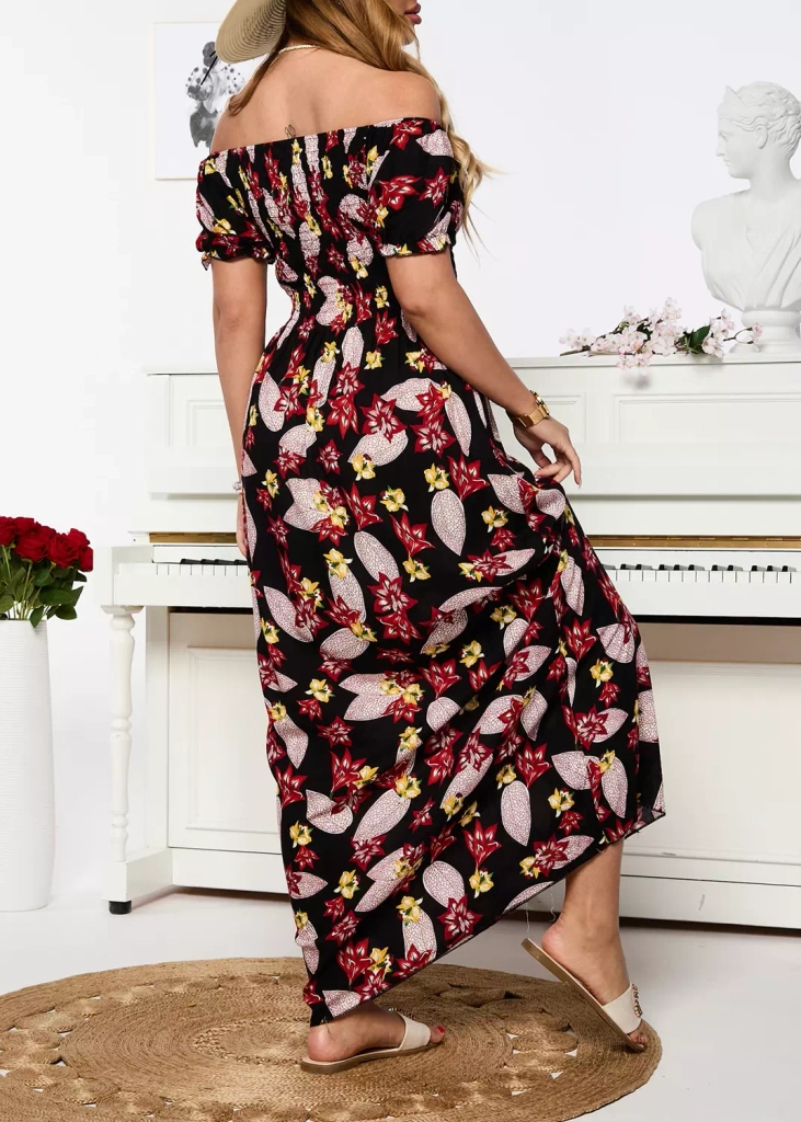 Dámské černé midi šaty s červeným květinovým vzorem - Oblečení