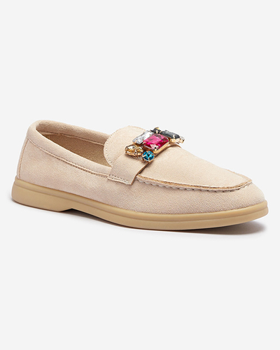 Бежеві жіночі мокасини з екозамші з декоративними кристалами Nellens- Footwear