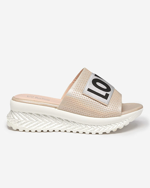 Жіночі бежеві блискучі тапочки з написом Соша- Взуття