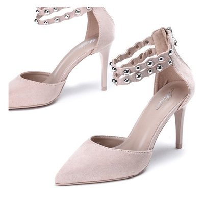 Beżowo - różowe czółenka na szpilce z ozdobną sprzączką Dayene - Obuwie