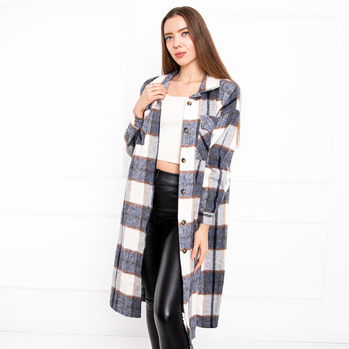 Темно-синя жіноча довга сорочка в клітинку