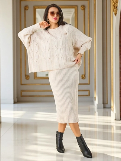 Royalfashion Akrylátový pletený ženský set s svetrem a sukní Warm&Fuzzy
