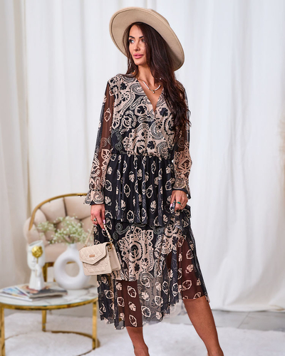 Royalfashion Černo-béžové síťované midi šaty s potiskem
