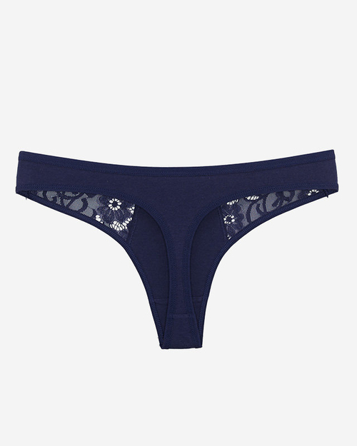 Жіночі темно-сині бавовняні стрінги з декоративним мереживом - Нижня білизна