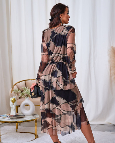 Royalfashion Černo-světle hnědé síťované midi šaty s potiskem