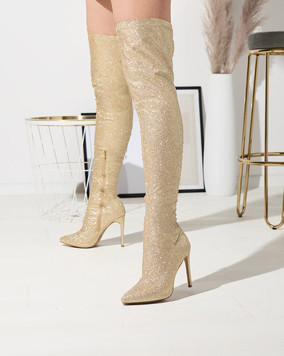 Zlaté dámské kozačky nad kolena se třpytkami Qesda- Obuv