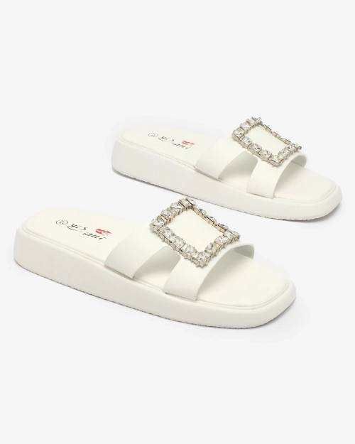 OUTLET Royalfashion Білі жіночі шльопанці з кристалами Telika