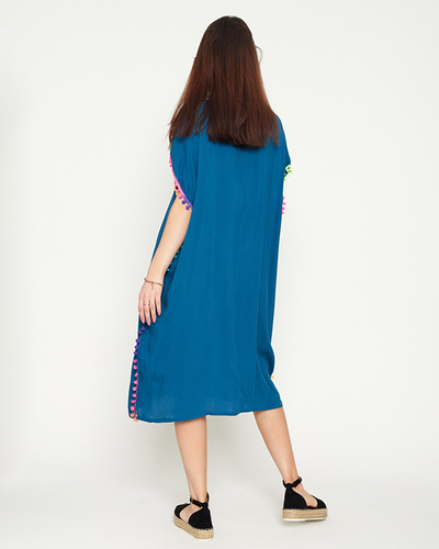 Tyrkysová dámská letní plážová tunika s bambulkami - Oblečení