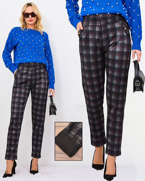 Royalfashion Сіро-червоні жіночі утеплені лосини в клітинку