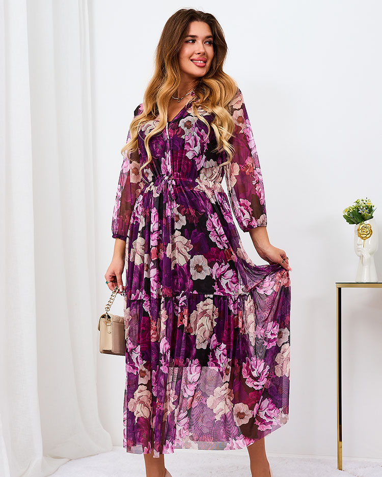 Royalfashion Fialové síťované květované maxi šaty