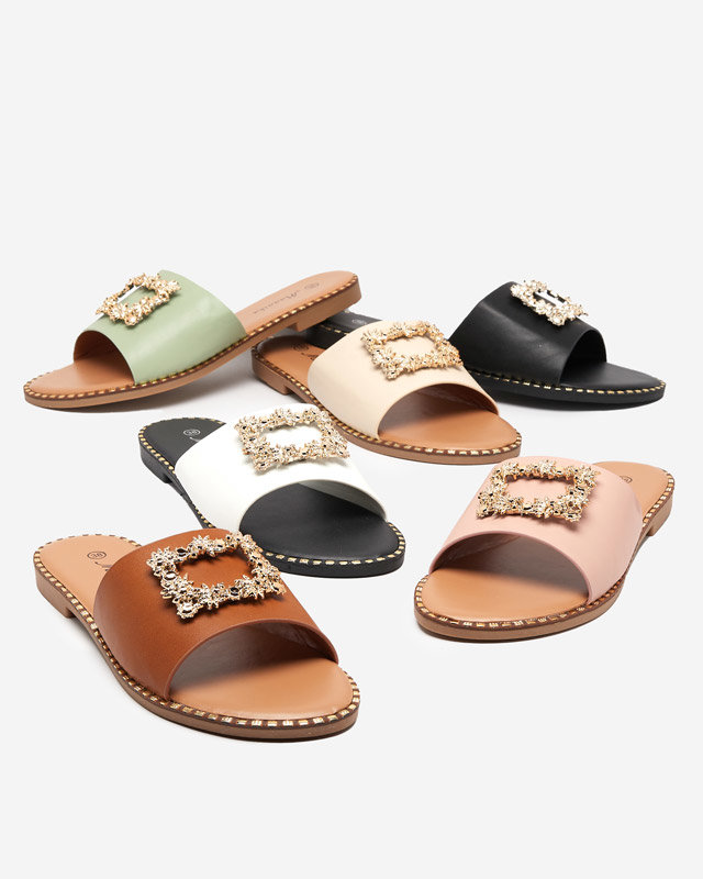 OUTLET Zelené elegantní dámské pantofle se zlatým zdobením Meriso - Obuv