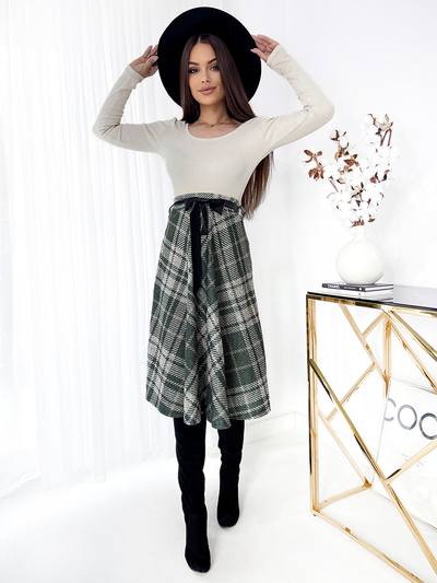 Royalfashion Zeleno-šedá dámská kostkovaná midi sukně