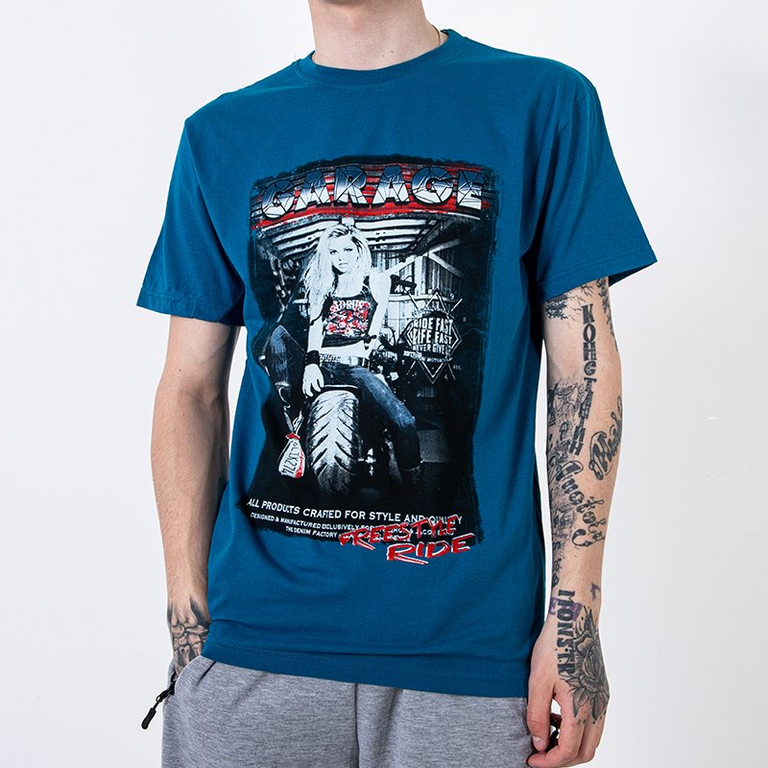 Tyrkysové bavlněné pánské tričko zdobené potiskem a nápisem - Oblečení