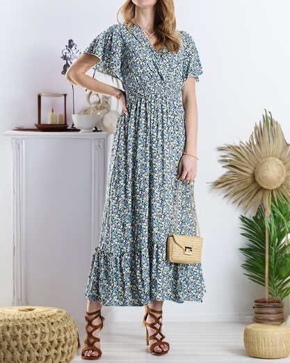 Dámské květinové midi šaty ve fialové barvě- Oblečení