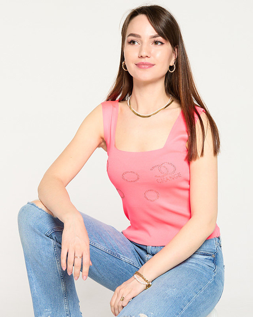 Неоновий рожевий топ із золотистими цирконами