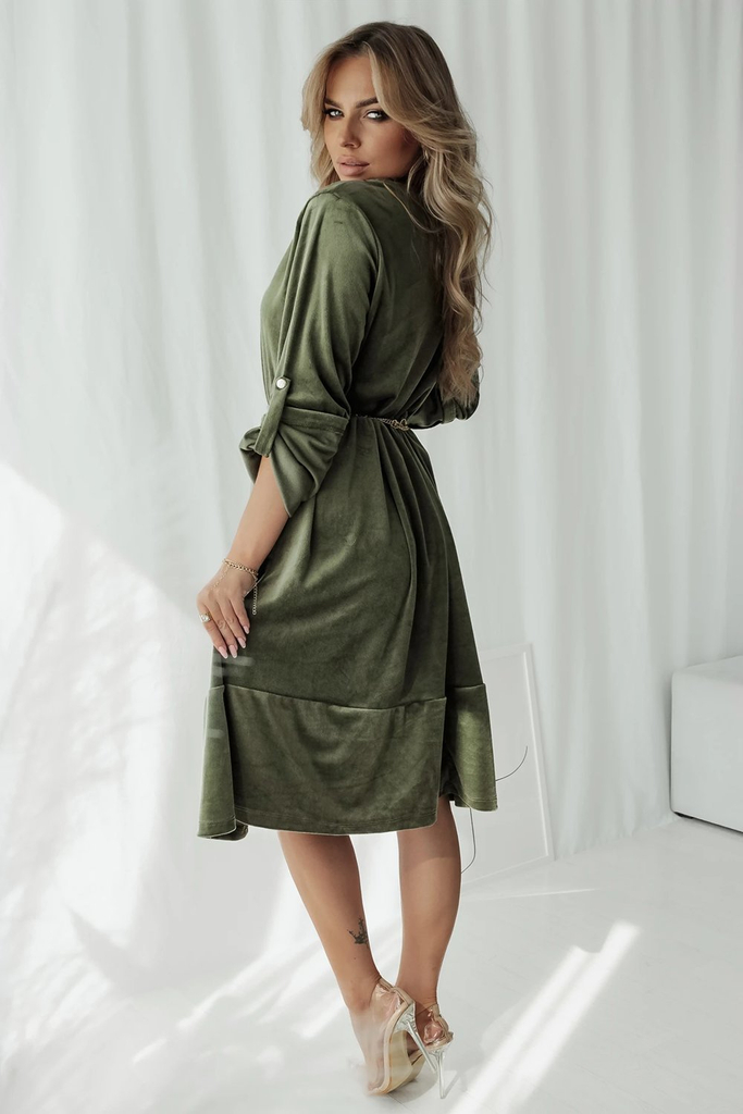 Royalfashion Khaki dámské velurové šaty s ozdobným páskem