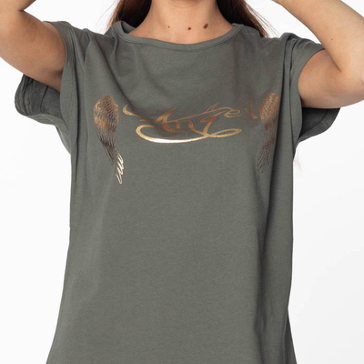 Dámské tričko se zlatým potiskem a khaki nápisem - Oblečení