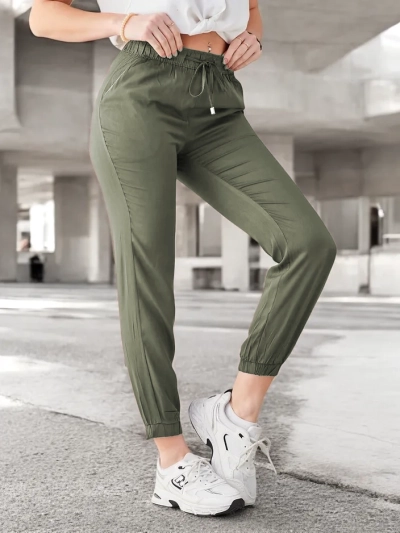 Kalhoty Raffaello Khaki Dlouhé Z Tkaniny Lyocell