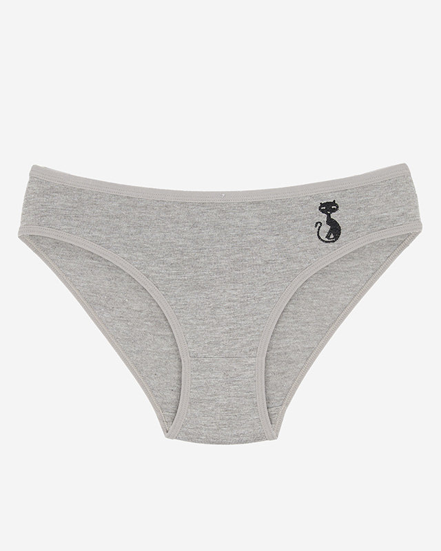 Šedé bavlněné dámské kalhotky s vyšívanou kočkou - Spodní prádlo
