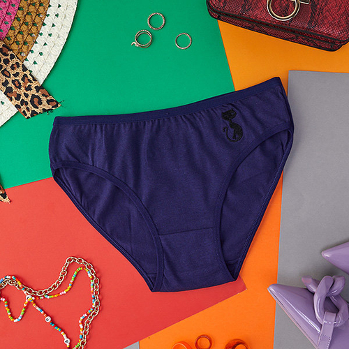 Бавовняні жіночі трусики темно-синього кольору з вишитим котом - Нижня білизна