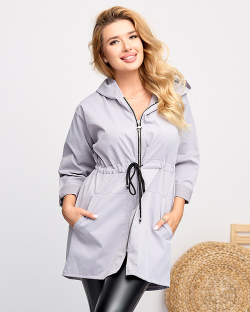 Жіноча світло-сіра довга вітровка із зав’язаною талією – одяг