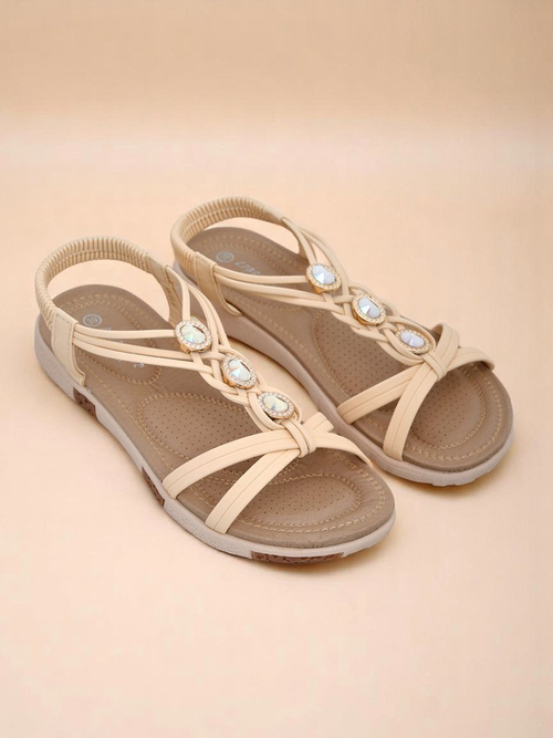 Сандалі жіночі Royalfashion Bellona бежеві з цирконієм на платформі