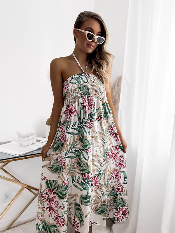 Bílé dámské midi šaty s květinovým vzorem - Oblečení